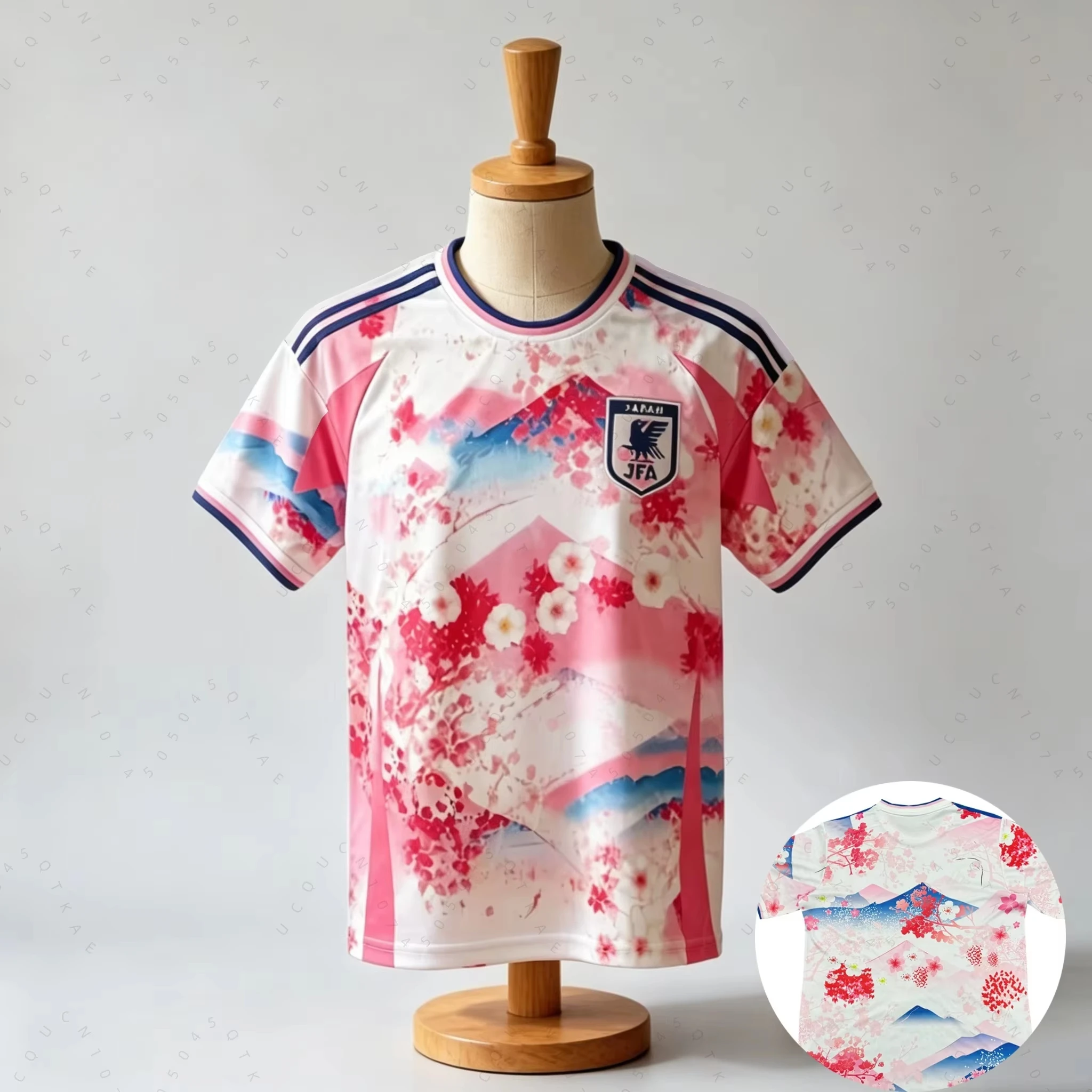 2026 Adults Kids Cherry‑Blossom Landscape Soccer Jersey V‑Neck Pink‑Blue Floral Mountain Print Sports Pattern Fan Football Shirt