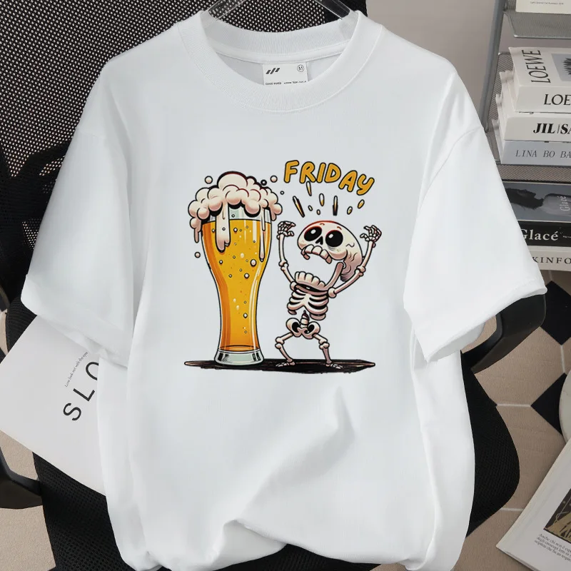 

Women T Shirt Monday To Friday Drink Beer Funny Sports Fashion Casual T-shirt Skeleton FRIDAY Beer Graphic Tshirts Women Clothes
