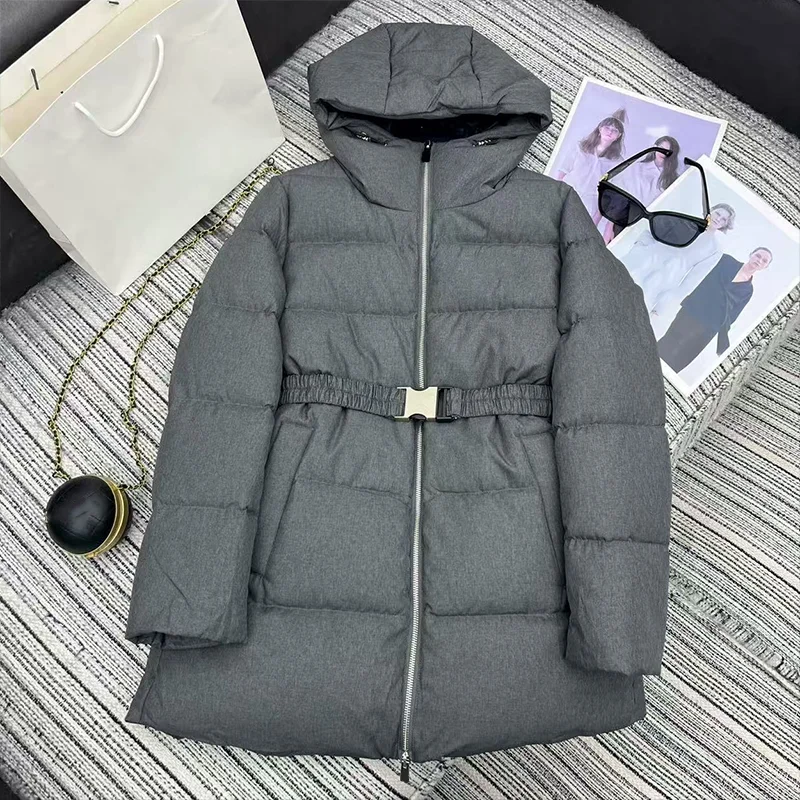 جودة عالية الأبيض أوزة أسفل سترة المرأة الشتاء معطف مقنع في منتصف طول مع الرباط ملابس كاجوال 25121133 #1