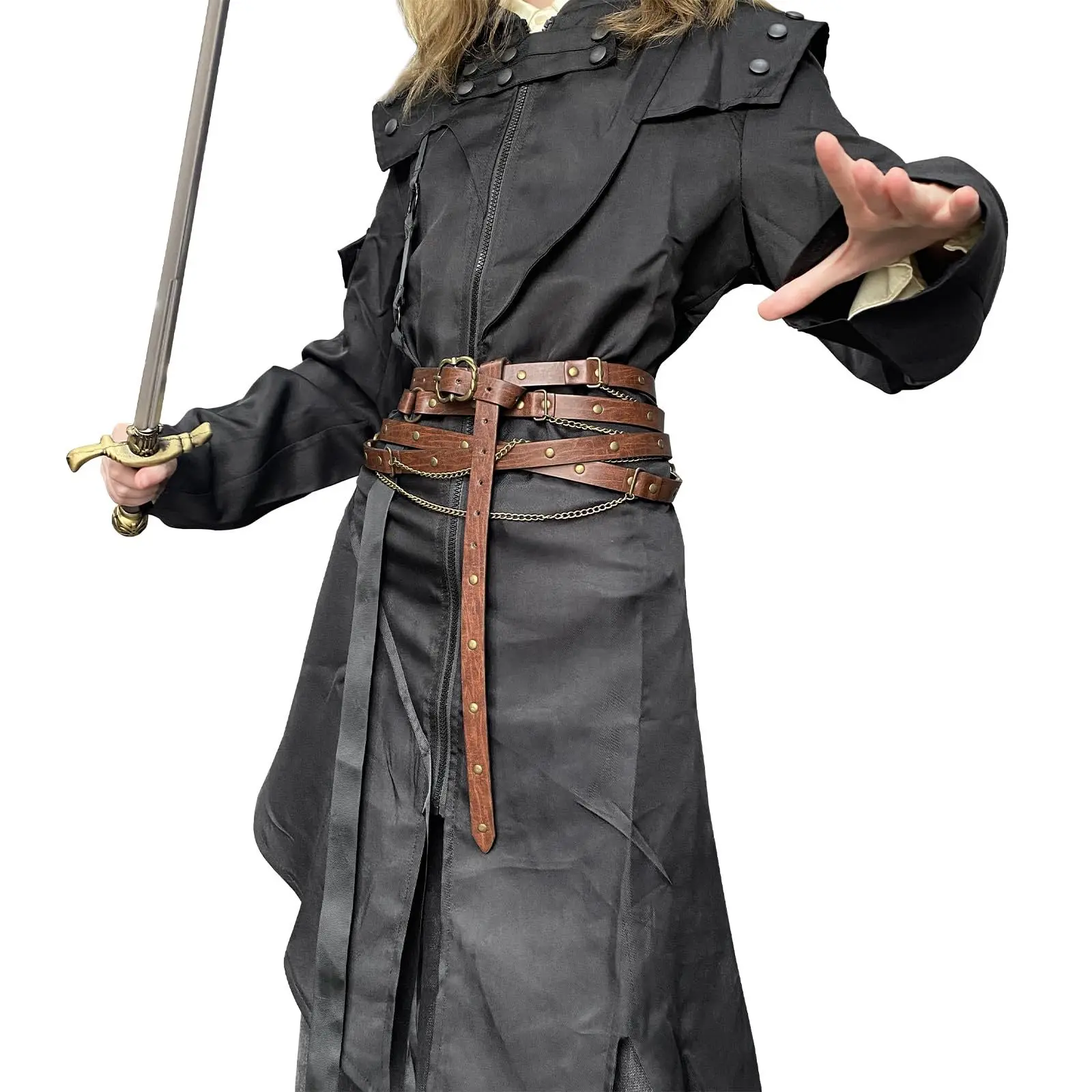 Medieval Viking Style Multi-layer Metal Chain Leather Waist Belt with Flap Fanny Pack Halloween Cosplay Props Renaissance Costume Accessories