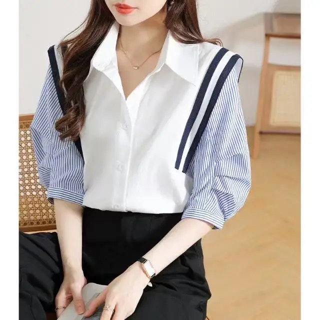 

2025 New Summer Korean Women Colorblocking Stripes Vintage Tops Chiffon Short Sleeve Casual Office lady Shirts Elegant Blouse