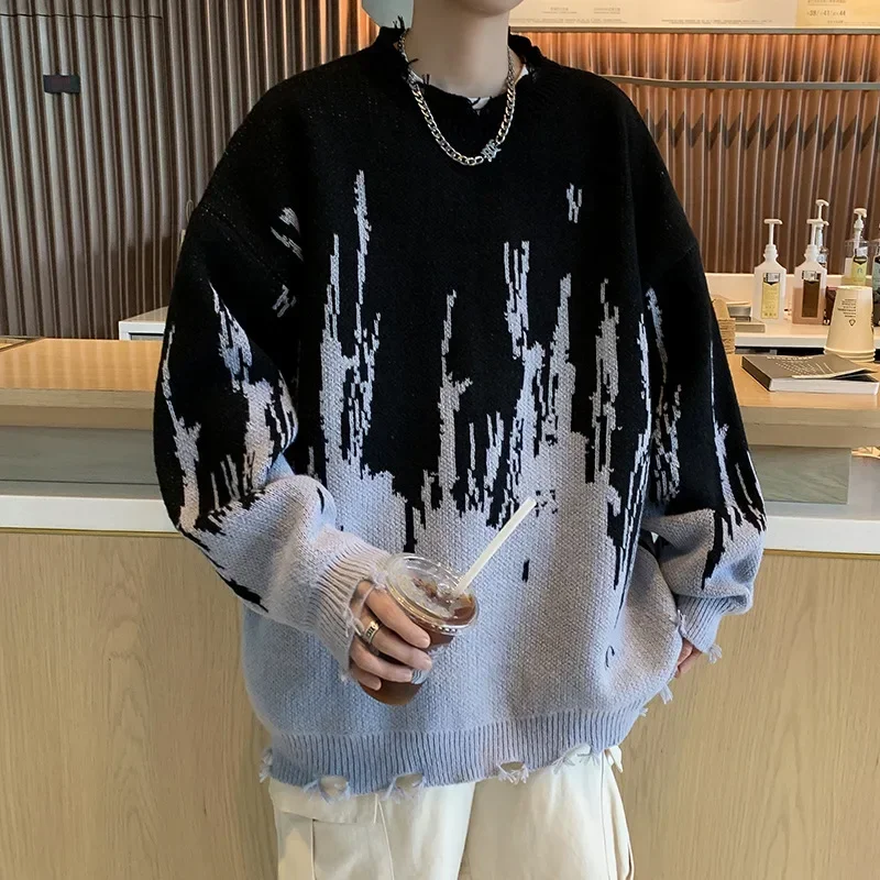 2024-2025 Men's Autumn Winter Casual Knitted Top Street Style Loose Fit Round Neck Sweater With Color Blocking Destressed