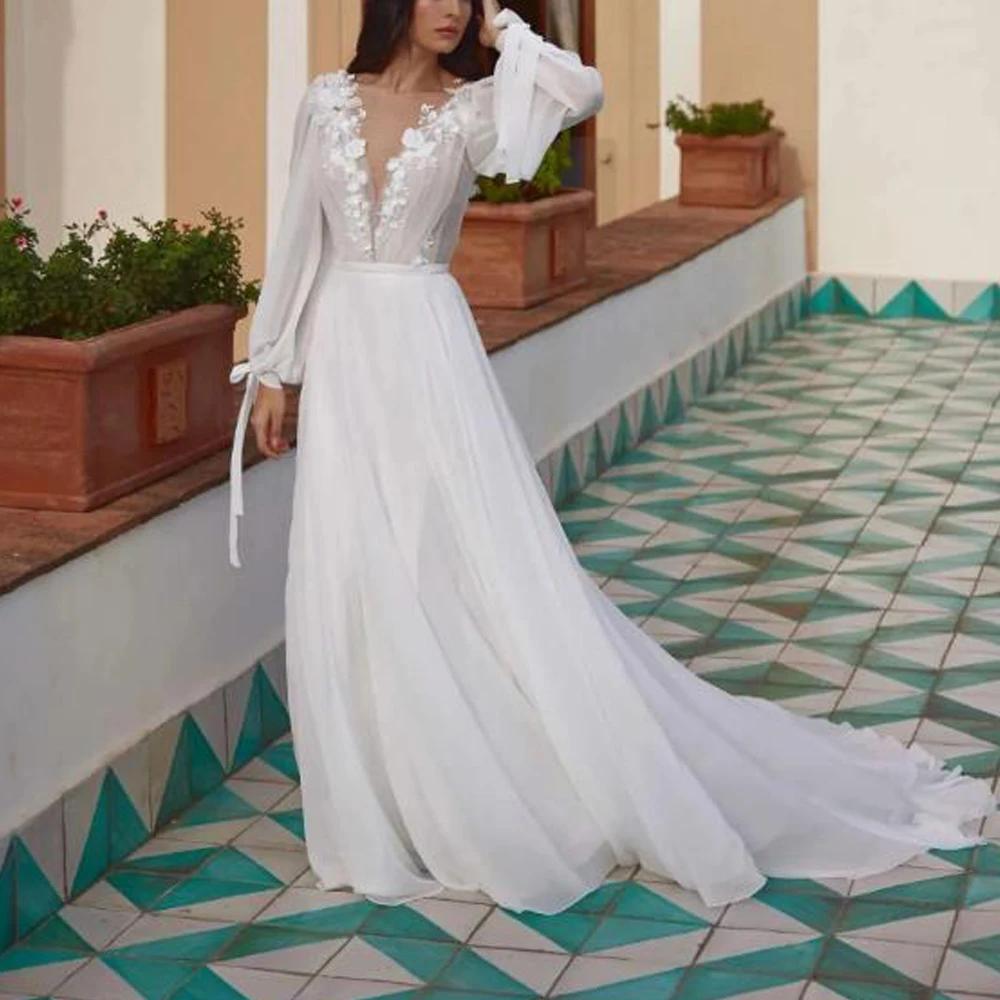 فستان زفاف بوهيمي مخصص على شكل حرف A مع دانتيل الوهم الرقبة فانوس كم فستان عروس الشاطئ بدون ظهر فيستدوس دي نوفيا #1