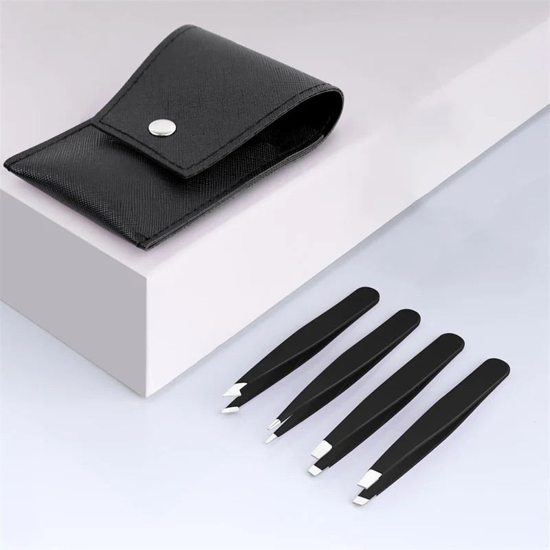 4Pcs 눈썹 제모 핀셋 세트 눈썹 속눈썹 눈썹 가죽 케이스 뷰티 메이크업 패션 도구 뷰티 도구