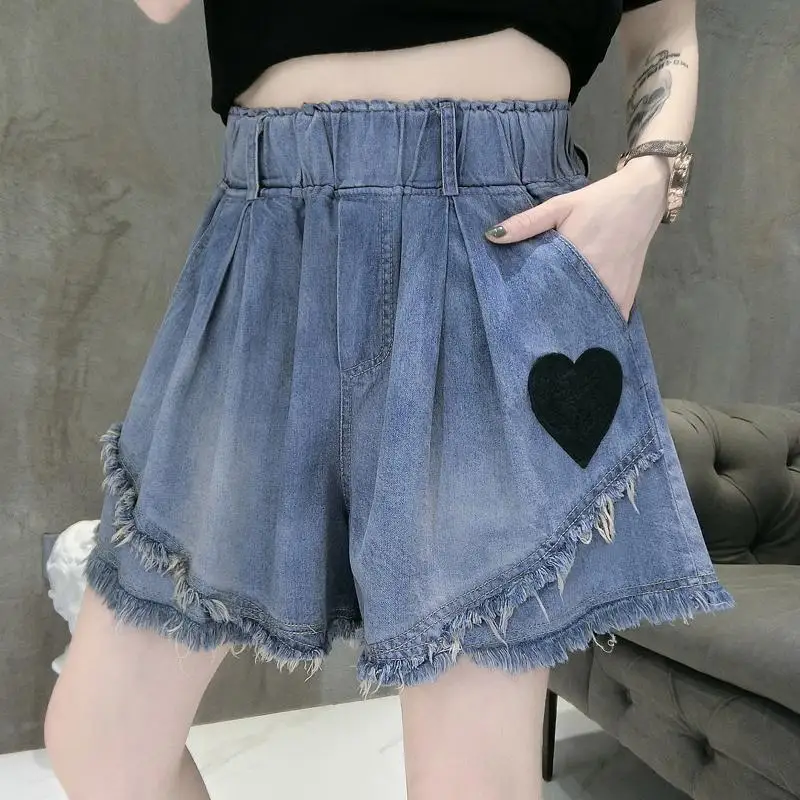 2024 klassische Jeans shorts Frauen Sommer blau elastisch hoch tailliert lässig locker schick Liebes muster weites Bein Hosen gerade Jeans