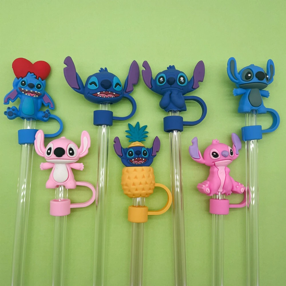 MINISO 1-7pcs 3D Stereo Stitch Straw Cover Cap 10MM Drink Straw Plug Reusable Fit Cup Accessories Straw Cap Charms Pendant Gift