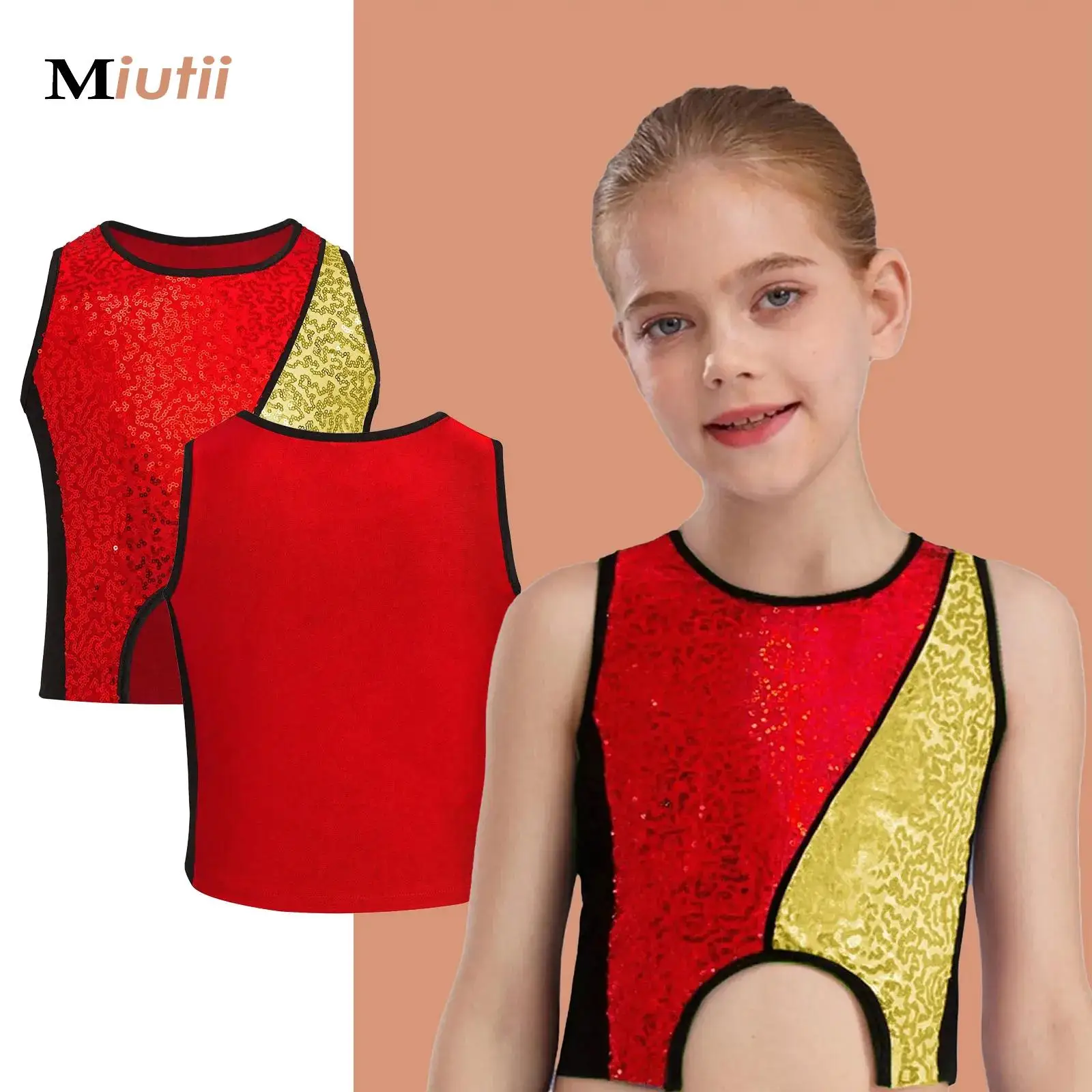 

Kids Girls Sequins Asymmetrical Hem Crop Tank Top Jazz Hip Hop Ballet Dance Camisole Workout Gymnastics Stage Performance Dance