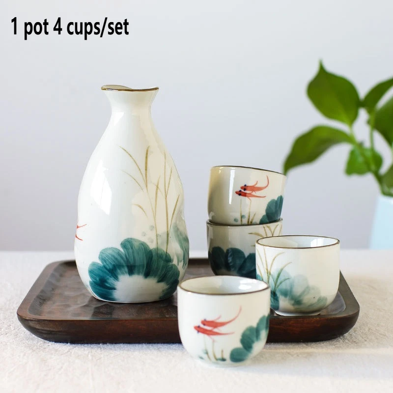 

5pcs/set Goldfish Wine Pot Sets, Japanese High-temperature Resistant Underglaze Colored Sake Pot,1 Pot of 4 Cups Wine Glass Set