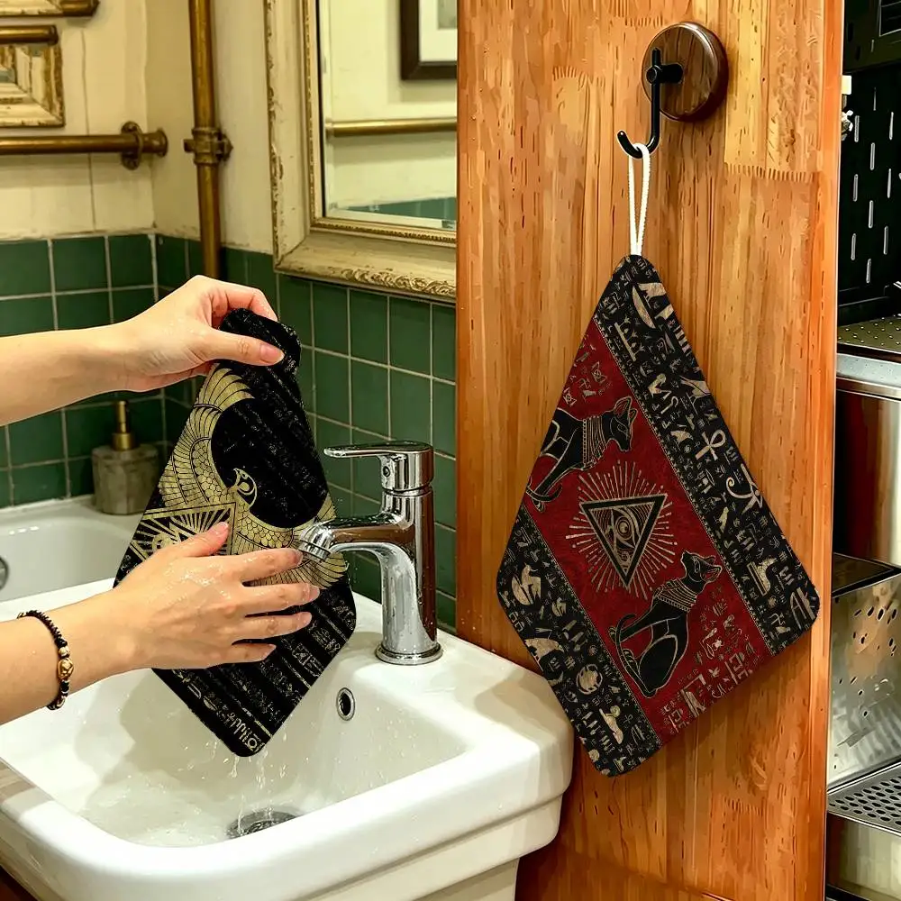 Cartoon Ancient Egyptian Polyester Cotton Hanging Kitchen Towel, Absorbent Hand Wiping Cloth for Daily Cleaning Drying
