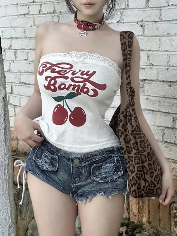 

Casual Fashion Tops Women Letter Print Bow Skinny Y2k Vest Summer Trend Sweet Girl Simple Classic Streetwear Camis Chic