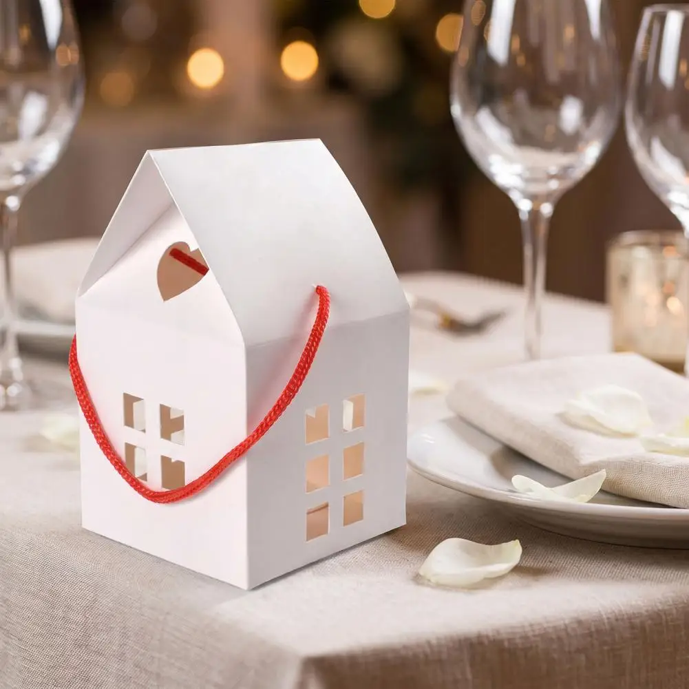 Holiday Souvenir Containers 10pcs House Shape Cardboard Candy Boxes with Hollow Window Portable Rope Gift Containers for Small