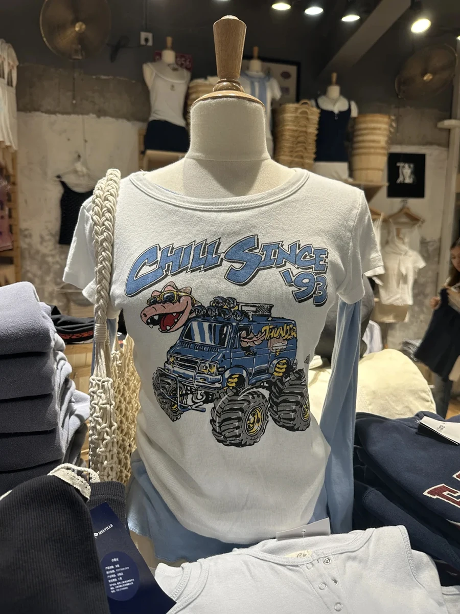 Cartoon Dinosaur Print Slim T-shirt Women Summer New Cotton O-neck Short Sleeve Tees Harajuku Streetwear White Crop Top 2026 New