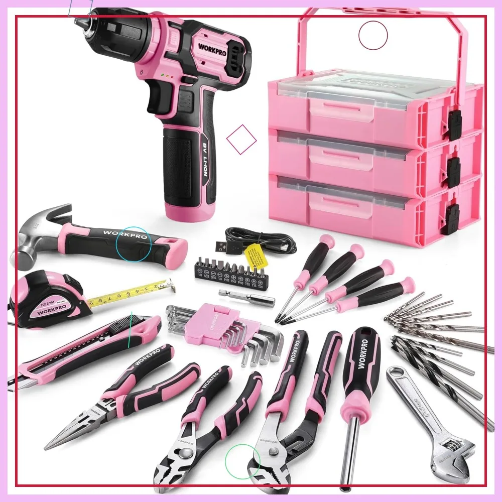 

43PCS Pink Tool Set with Cordless Drill, Electric Screwdriver & Stackable Box for Home DIY