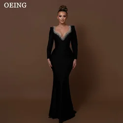 OEING Simple Black Mermaid Evening Dresses Dubai Arabic Women Beads Long Sleeves Square Neck Floor Length Party Gowns Customized