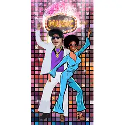 50s 70s 80s Disco Theme Birthday Party Decoration Backdrop Door Banner Background Retro Club Neon Night Dance Face in Hole Game