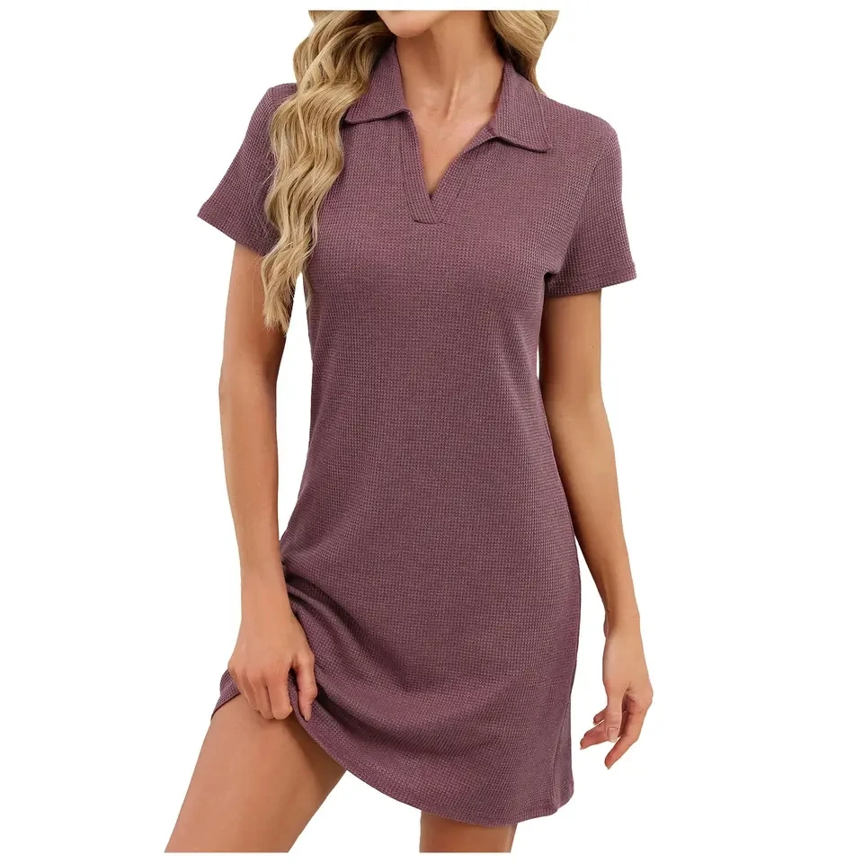 

Womens Short Sleeved T Shirt Dress Summer Casual Solid Color Lapel Sundress Fashion Womens Tunics Dresses Vestido Feminino