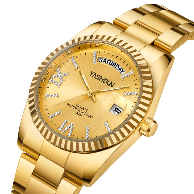 ساعة رجالي ماركة YASHIDUN باللون الذهبي مقاومة للماء كوارتز ساعة رجالية بتصميم مذكرات رومانية للرجال ساعة يد من الفولاذ المقاوم للصدأ