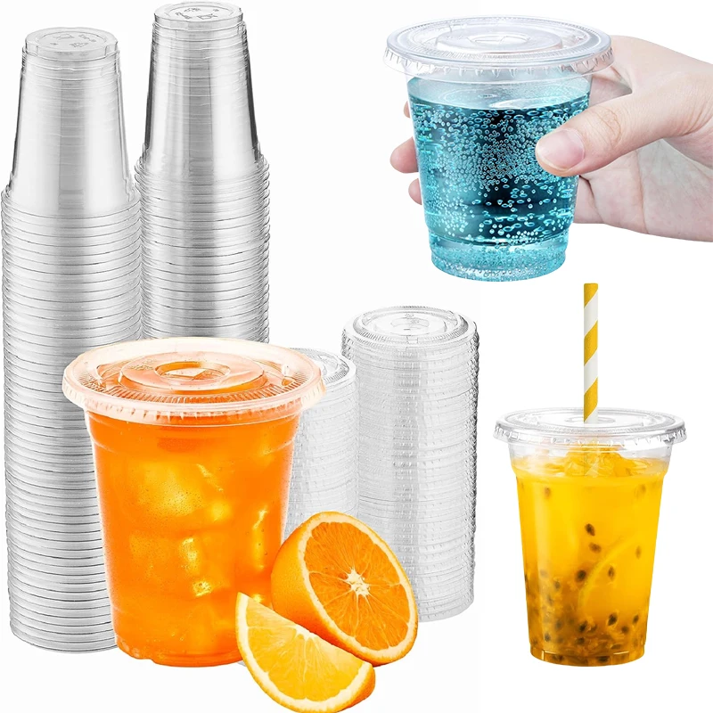 400ml PET Plastic Cups with Lids Double Snack and Drink Cup Clear Disposable Cups for Milk Tea Boba and Cold Drinks