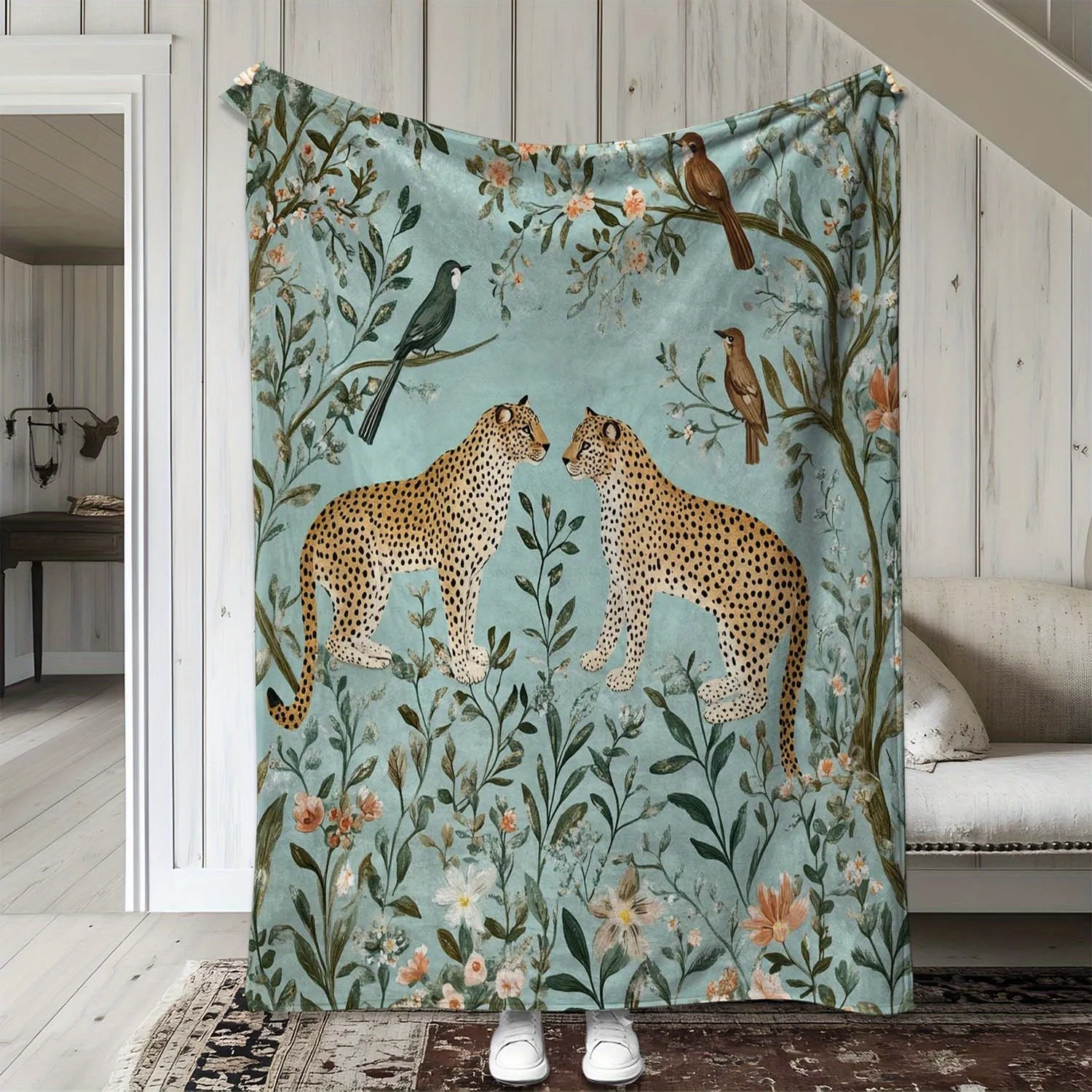 Charming Leopard Fleece Blanket - Soft and Cozy with Exotic Birds and Floral Design Perfect for Home Decor Ideal Gift for Nature - view 6