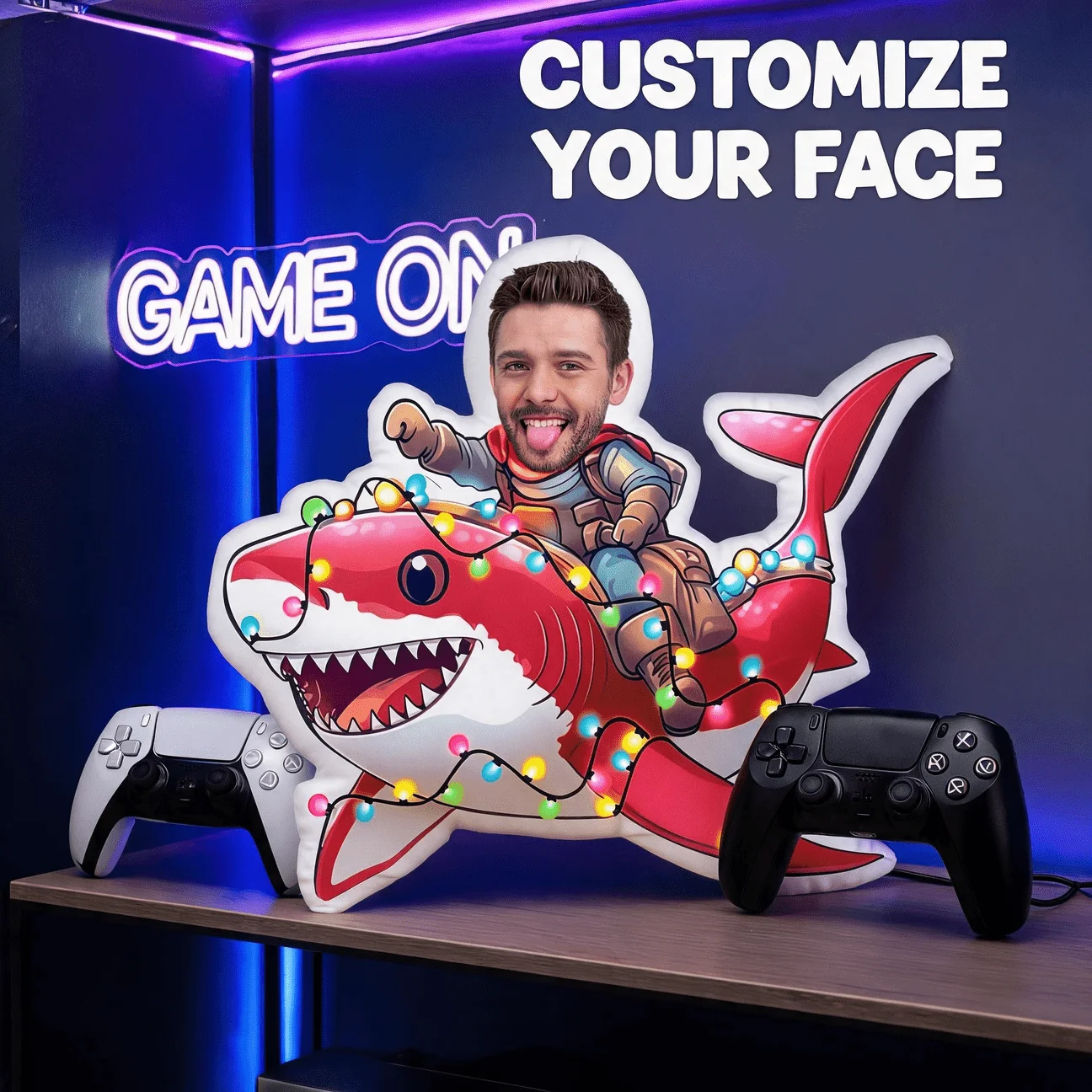 Custom Funny Face-Shaped Pillow, Personalized Photo Man Riding Red Shark with Lights Decorative Cushion, Hilarious Gift for Frie