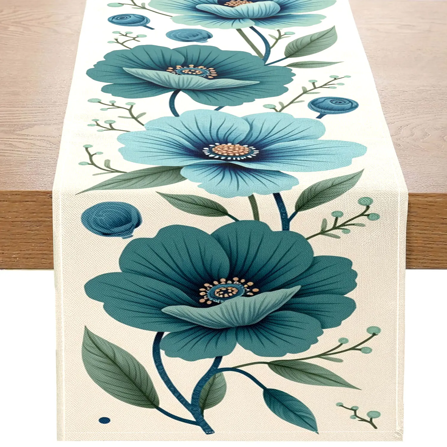 1 Flower Theme Table Runner with Turquoise Flower Pattern for Home Decoration, Spring Party, Wedding, Bride Gifts and Garden Theme Activities