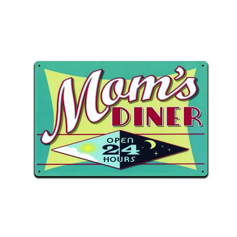 Moms Diner Open 24 Hours Unique Tin Sign for Home, Home Décor, Restaurant Sign, Kitchen Sign, Novelty Sign, Retro Sign, 8-Inch b