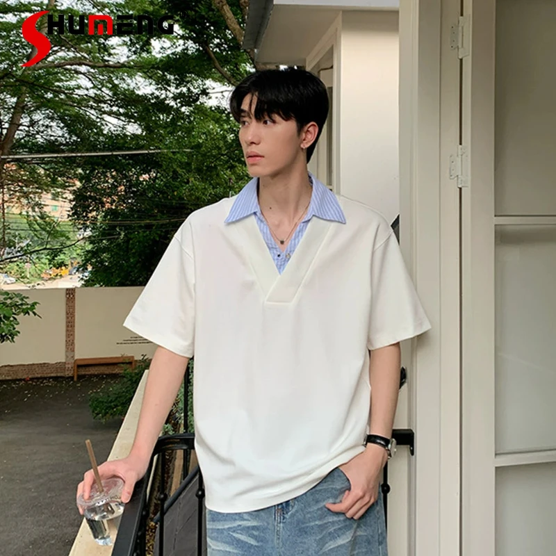 

Fashion Faux Two-piece Splicing Polo Shirts Short-sleeve Tops Men's 2026 Summer New Trendy Lapel T-shirts Loose Comfort T-shirts