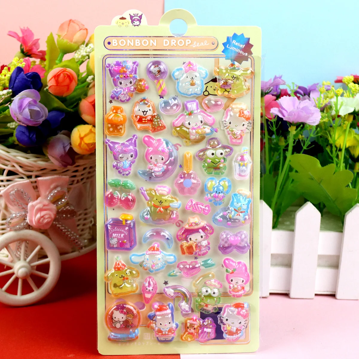 Personnages 3D Kawaii Sanrio HelloKitty Kuromi ma mélodie cannelle autocollants lumineux en relief tridimensionnels petit cadeau