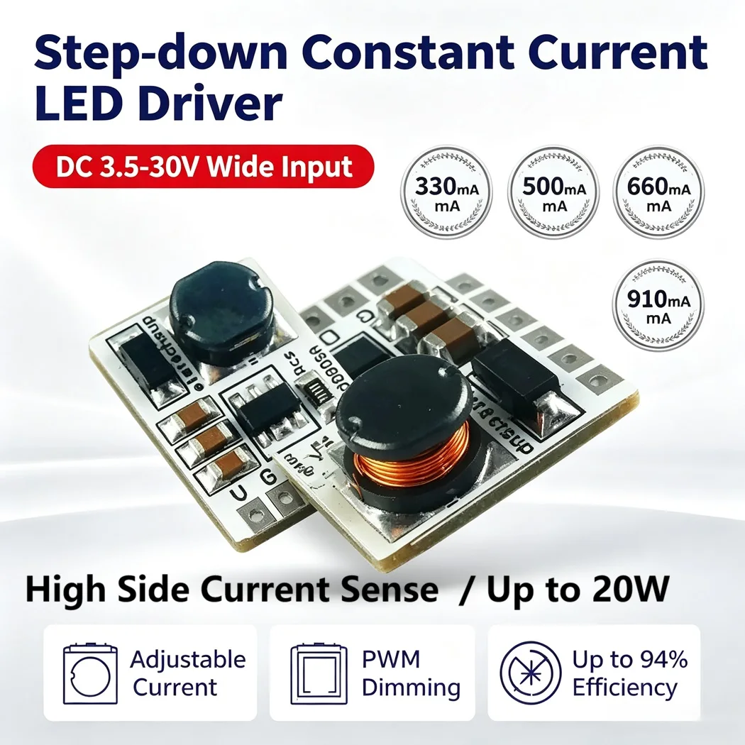 DC 3.5-30V Step Down Constant Current LED Driver Module PWM Dimming 330/500/660/910MA 20W 94% Efficiency Open Circuit Protection