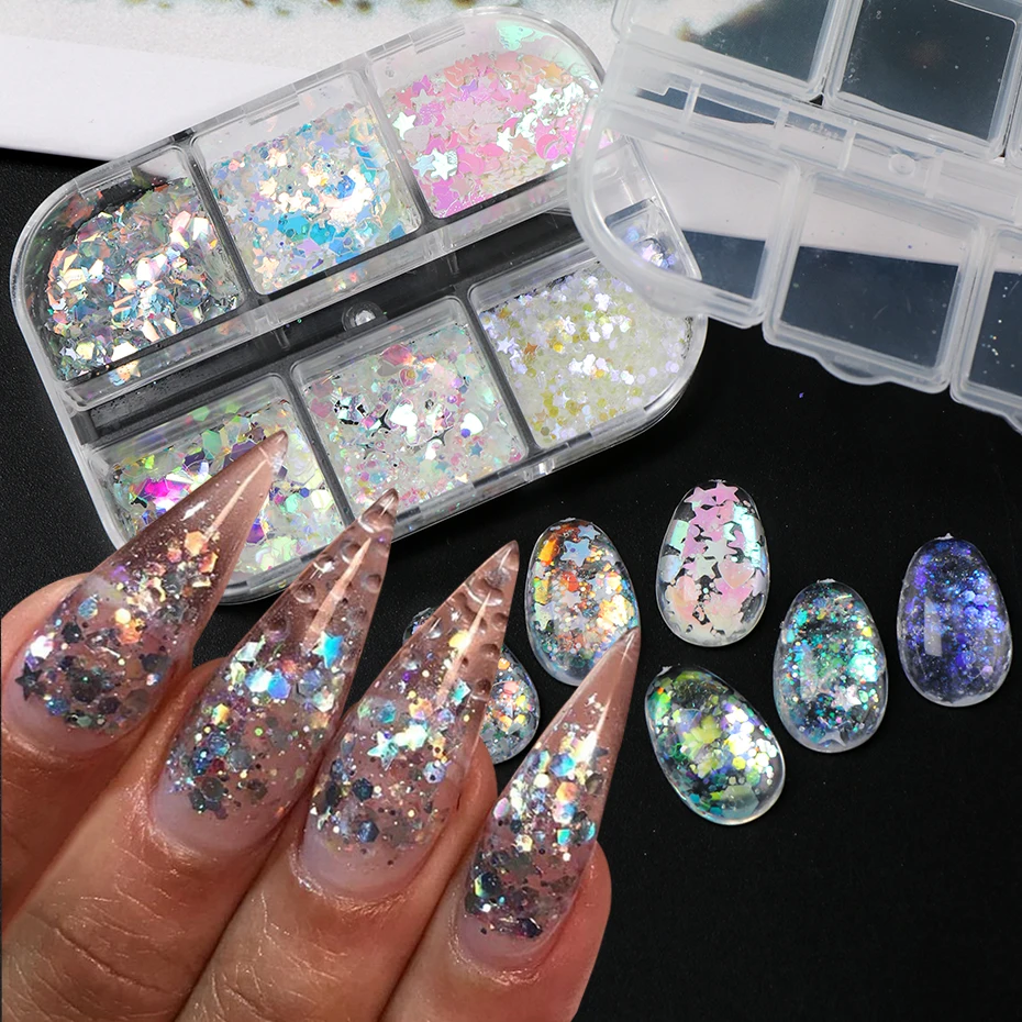 6 Grids Aurora Nail Art Sequins Dopamine Irregular Hexagon Stars Love Heart Glitter for Nails Laser Sweet Style Nail Decoration