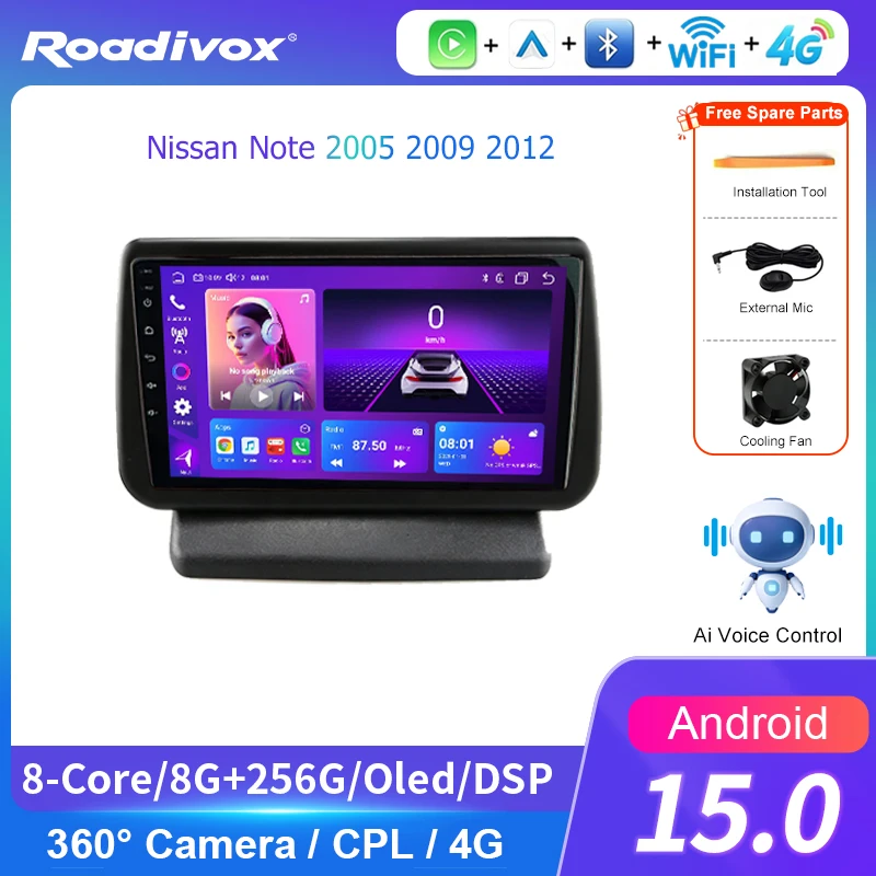 AI VOICE roadivox Android car radio for Nissan Note 2005 2009 2012 stereo GPS Navigation video Multimedia Player tape recorder