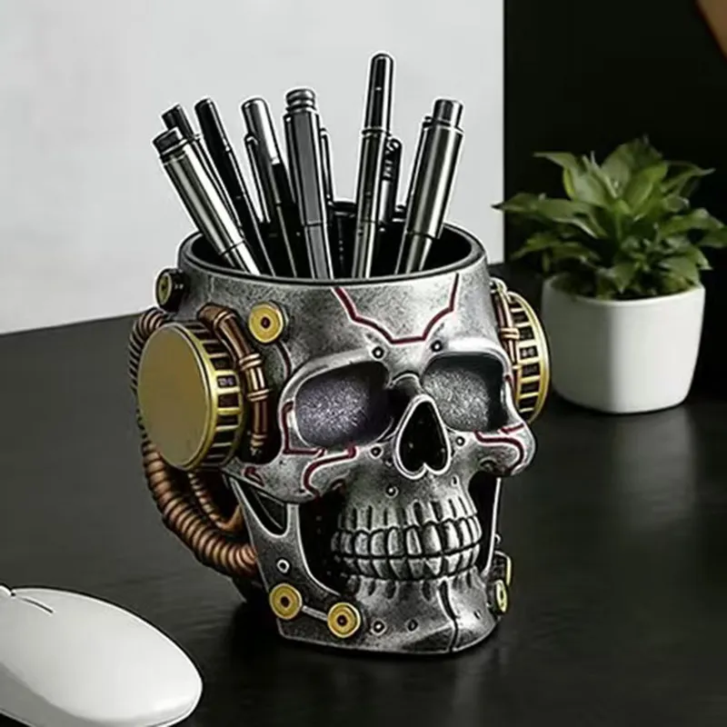 Creative Mechanical Skull Pen Holder Desktop Ornament Multifunctional Storage Box Office Desktop Decoration Ornament