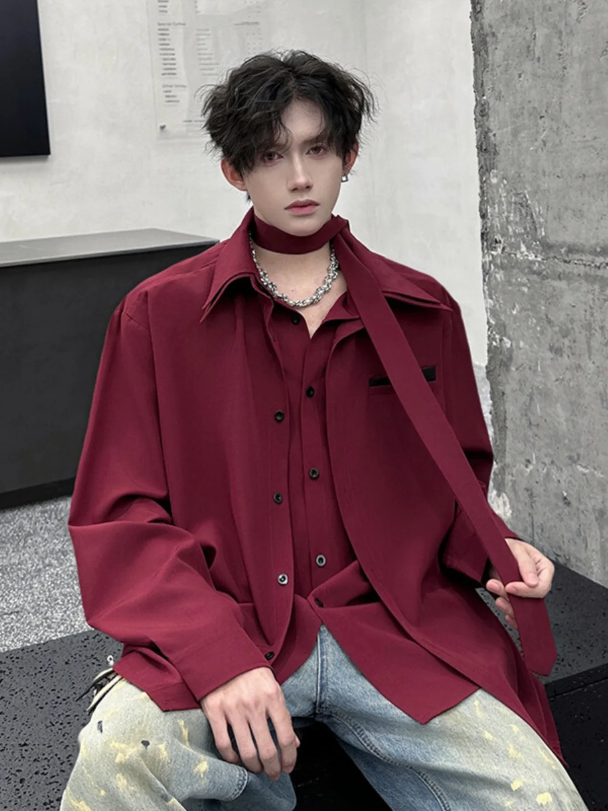 

Red Wine Color Men's Spring Autumn Fake Two-Piece irt Trendy Korean Sle Layered Top High-End Feeling Cold Tone irt Jaet