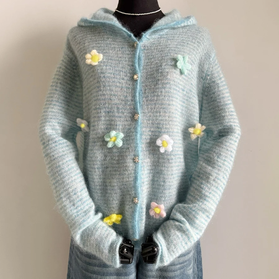 

NIGO женский однобортный однобортный кашемировый кардиган в полоску с цветочной вышивкой на весну/осень # hz1141