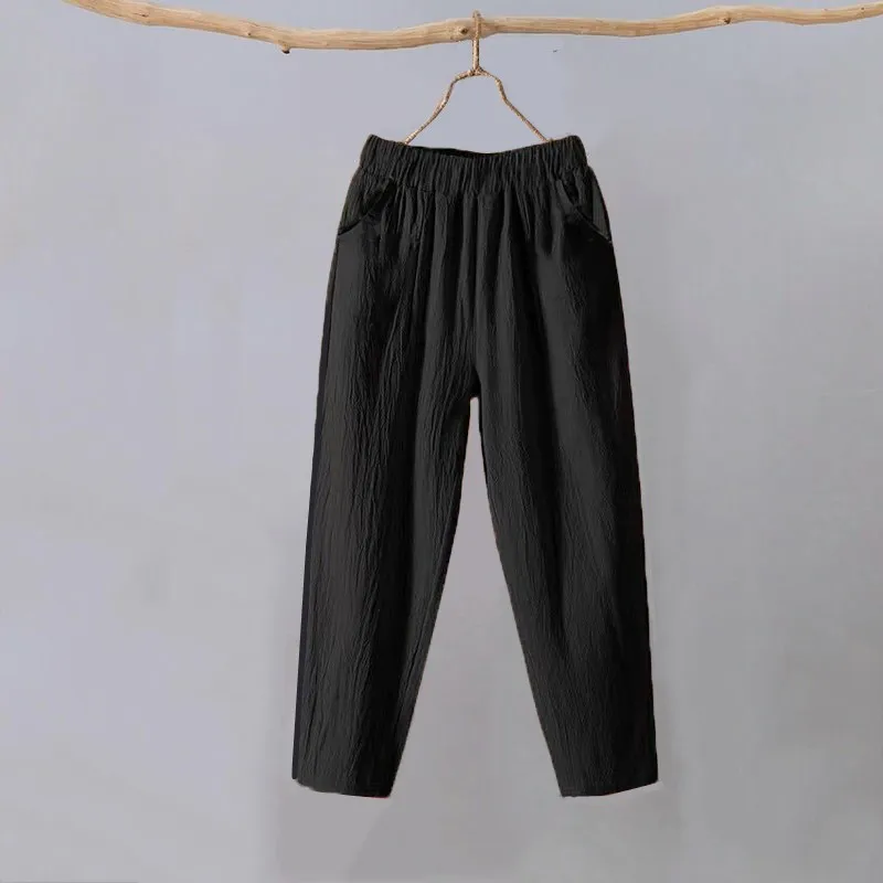 High Waist Cotton Linen Straight Leg Casual Pants Spring Summer Mom Pants Elastic Waist Nine Point Ladies Harlan Pants