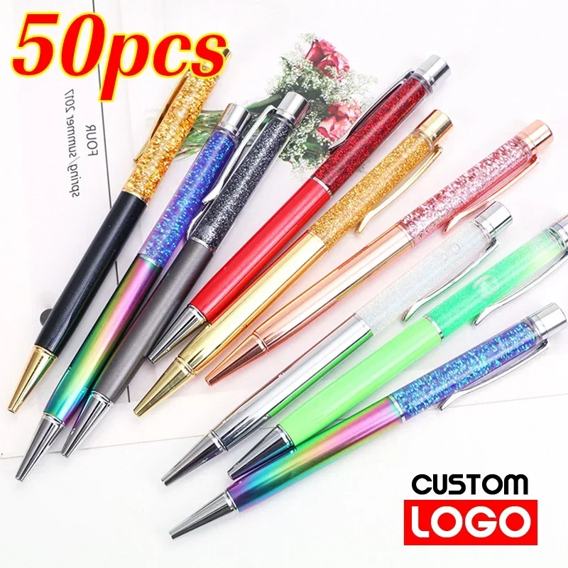 50Pcs Quicksand Ballpoint Pen Custom Logo Flow Oil Crystal Foil Metal Ball Pen  Colorful Gold Powder Dynamic Liquid Sand Pens