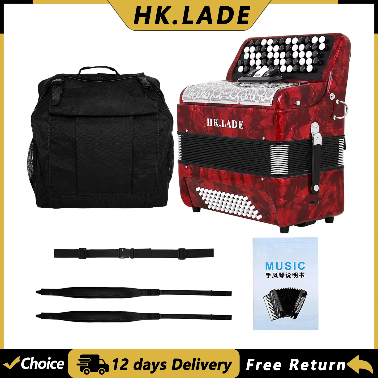 HK.LADE AH-170 Bayan Accordion Professional 62 Keys 60 Bass Accordion with Bag Strap Keyboard Instrument for Grading Performance