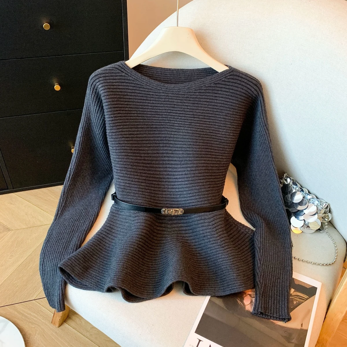 

Вязаный свитер Ele для женщин с поясом на талии, длинными рукавами, круглым вырезом, однотонный, повседневный, в корейском стиле, весенний