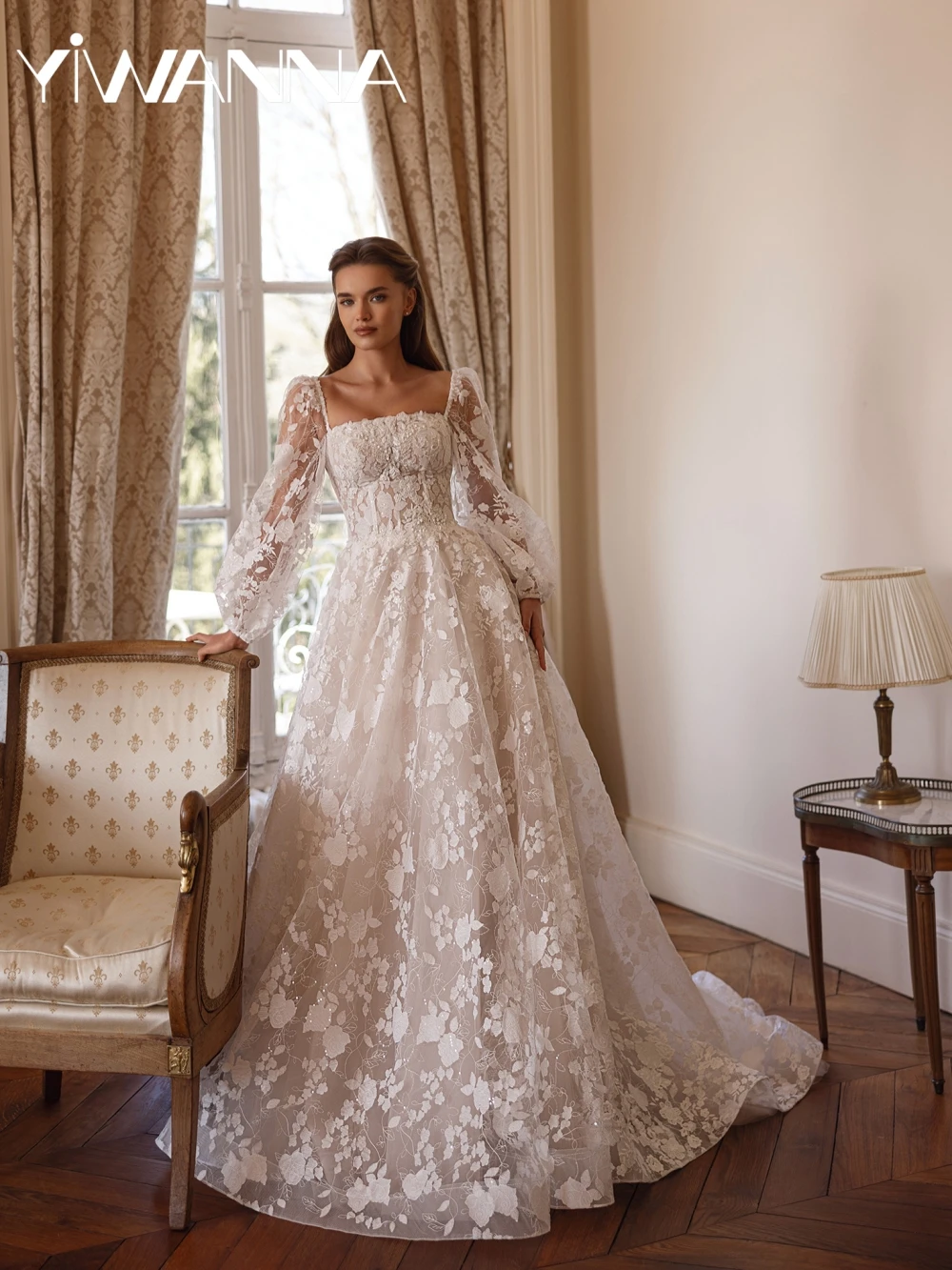 

New Arrival Shiny Appliques Long Wedding Dress Square Neck Puff Sleeve Bridal Gown Customized Dreamy A-line Dresses For Bride