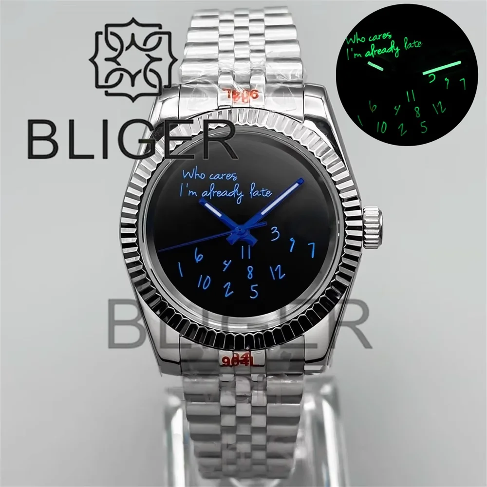 BLIGER 36mm39mm NH35 นาฬิกาผู้ชาย WHO Cares IM แล้วสายนาฬิกา Blue Text Dial สีเขียว Luminous Sapphire Glass 10bar กันน้ํา