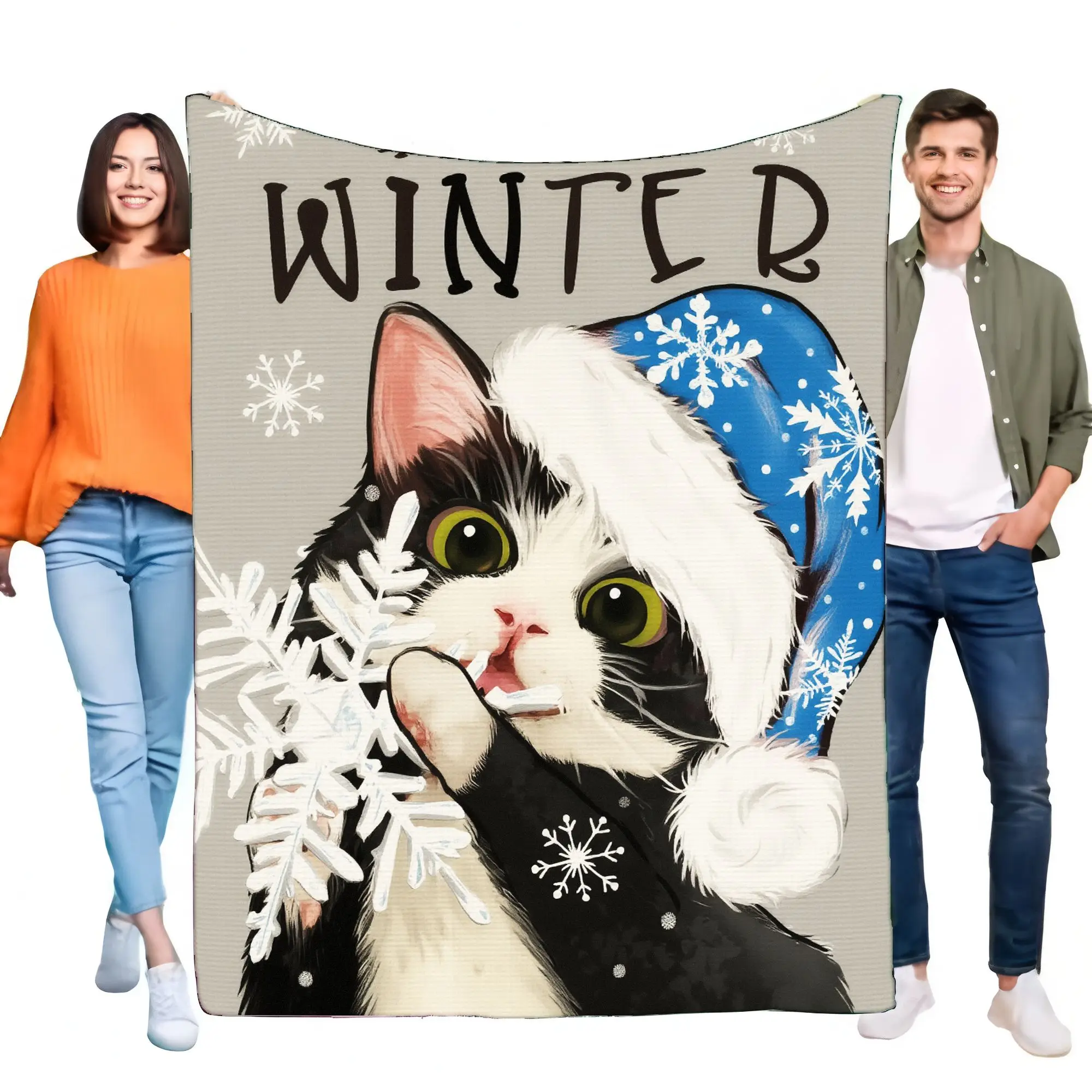 Niedliche schwarz-weiße Katzen-Winterdecke, gemütlicher weicher Überwurf mit blauer Weihnachtsmütze und Schneeflocken, perfekt als Heimdekoration und Geschenk