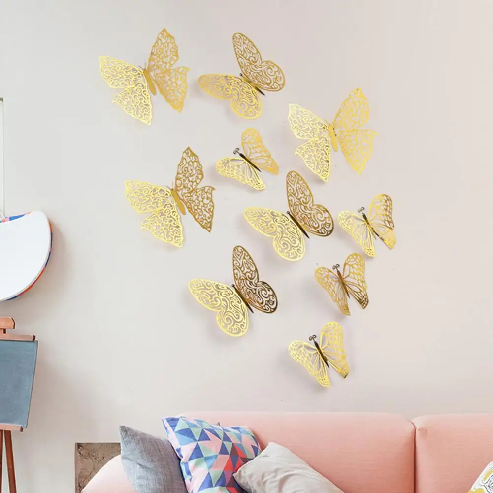 12Pcs/Set Golden Butterfly Paper Wall Sticker with Glue 3D Hollow Art Butterfly Refrigerator Sticker Home Decoration Stickers