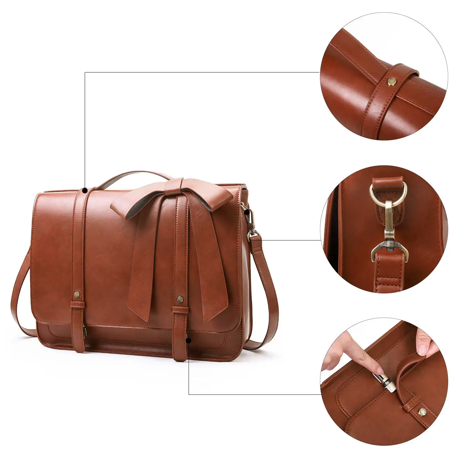 ECOSUSI-PU Bolsa de Ombro de Couro para Mulheres, 14 "Laptop Bag, Courier Bags, Feminino Praça Satchel, College Travel Bag