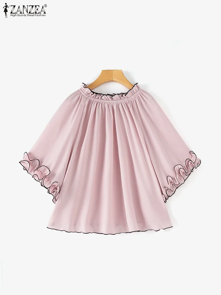 ZANZEA 2025 Camicetta da donna con maniche a pipistrello Camicetta coreana con volant Patchwork Top Chic elastico girocollo Tunica allentata Casual Blusas estivi
