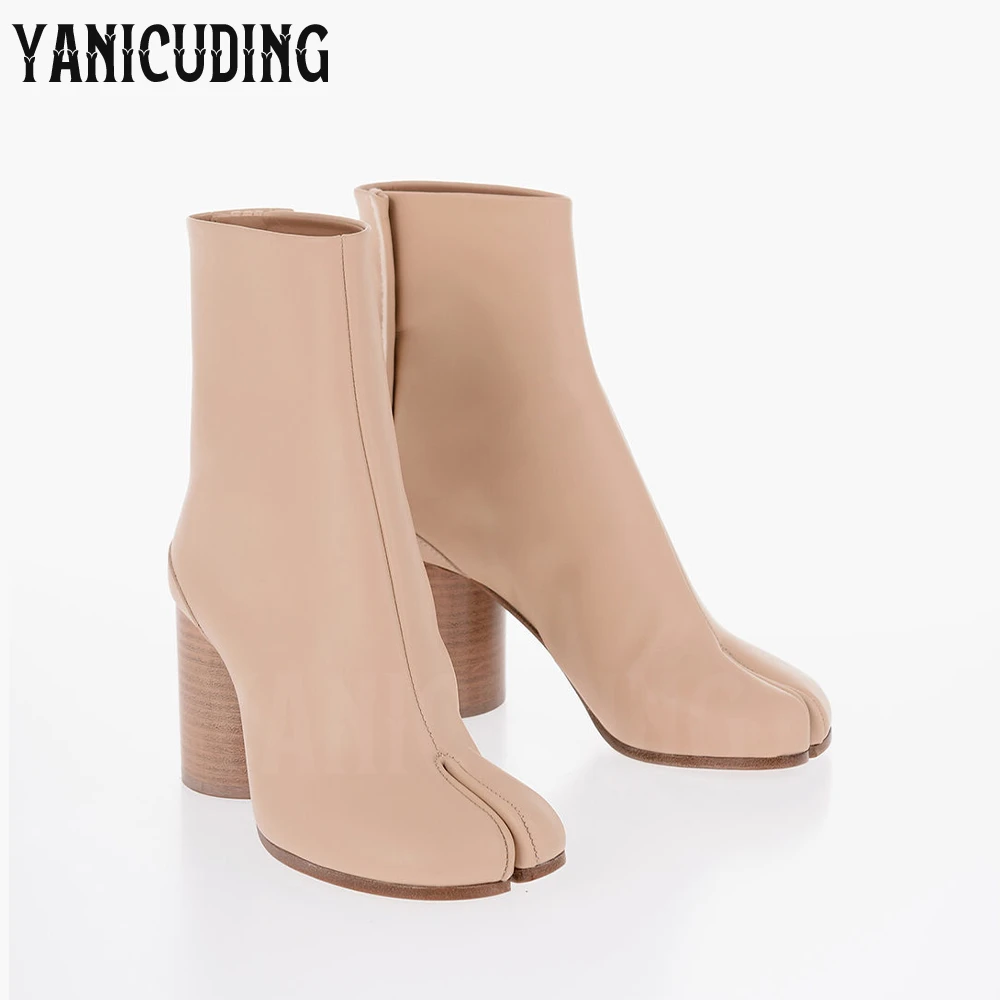 Cylindrical Block Heeled Tabi Booties Customizable Multi-color Leather Buckle Ankle Boots 8cm High Heel Novelty Boots for Women