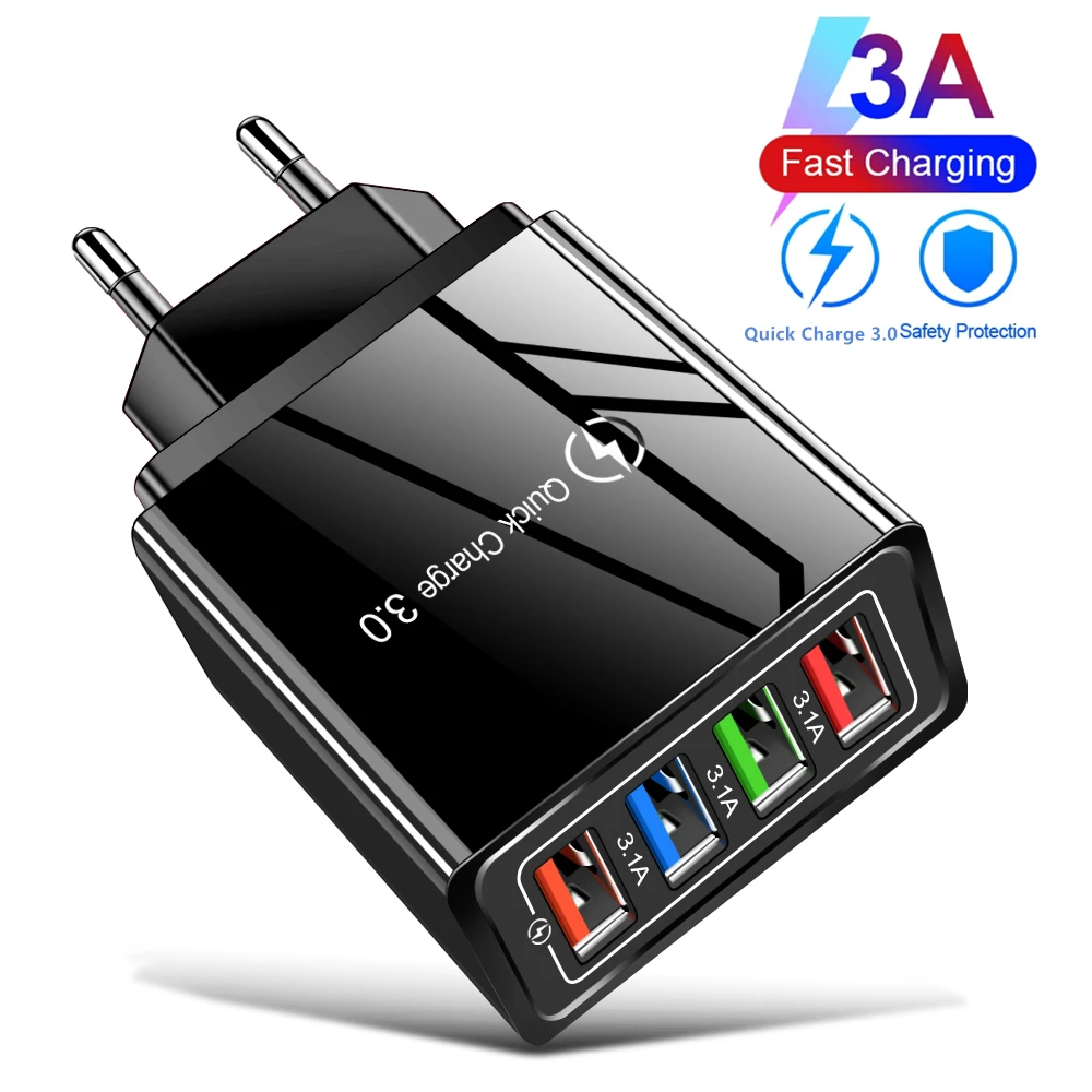 EU US Plug 4Ports 3A USB Charger Fast Charging Quick Charge QC 3.0 for iPhone 15 16 Samsung Xiaomi 14 Huawei Phone Wall Charger