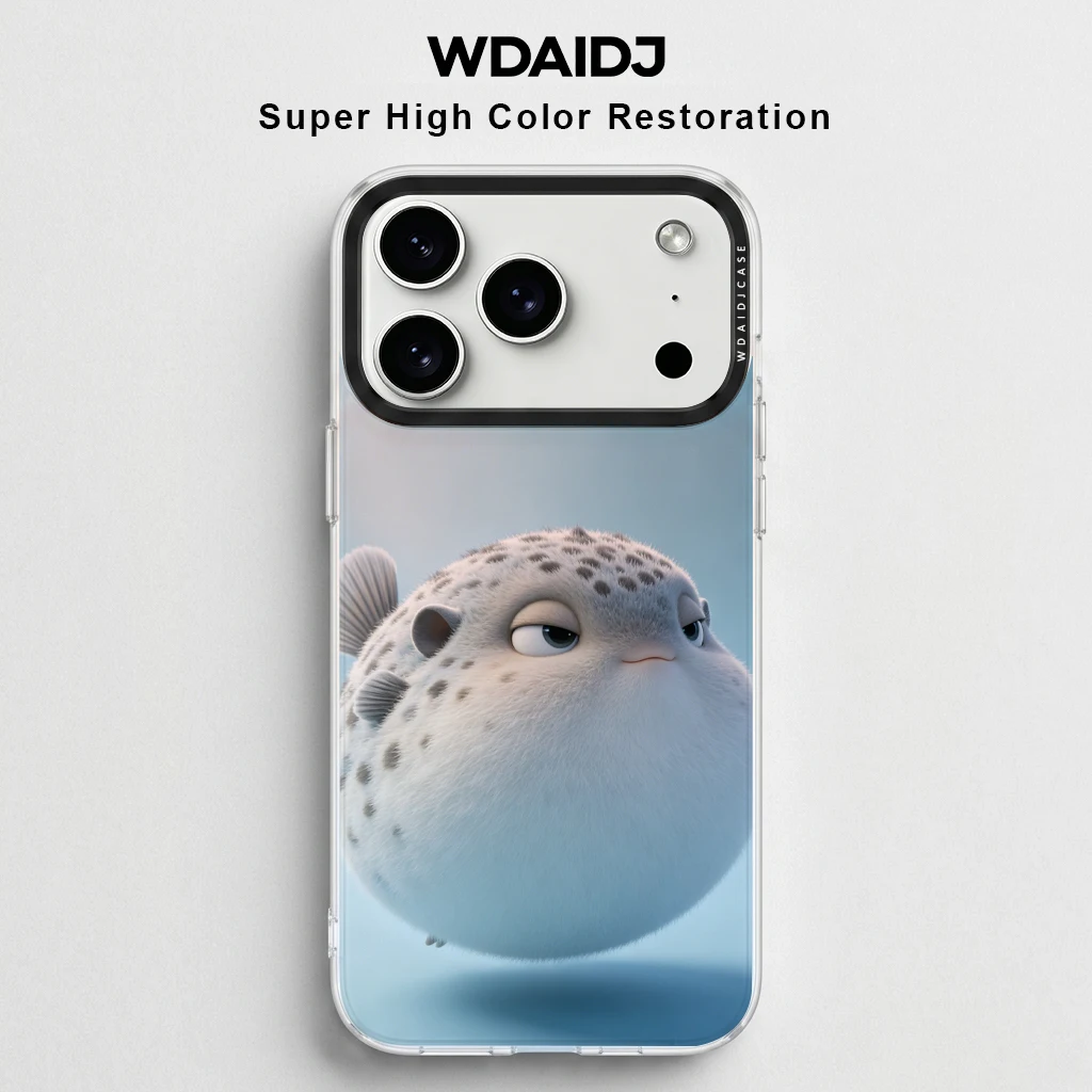 

Grumpy Fluffy Pufferfish Print Anti Yellowing Clear TPU Phone Case For iPhone 13 14 15 16 17 Shockproof Slim Cover