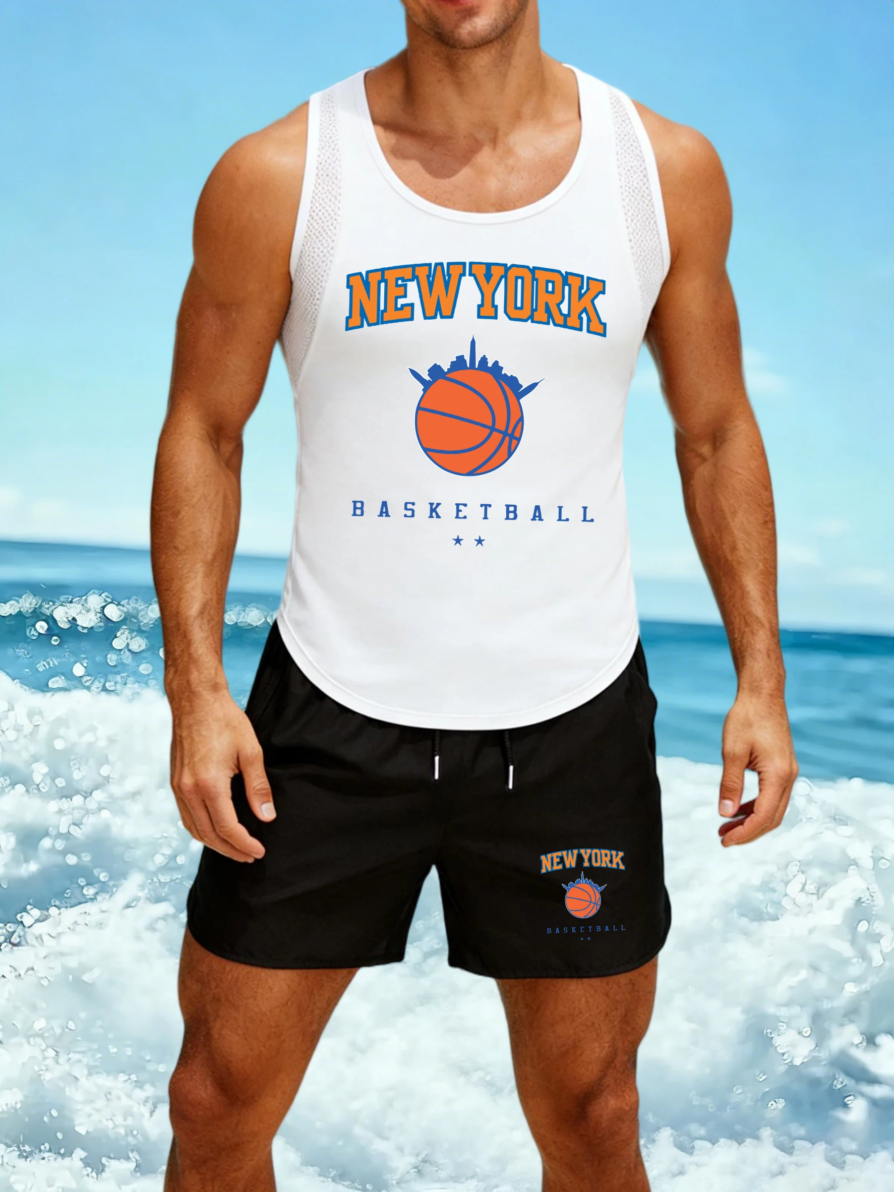 

New York Basketball Pattern Men Reticular Vest Suit Summer Drawstring Shorts Basics O-Neck Vests Unisex Fashion Sportset