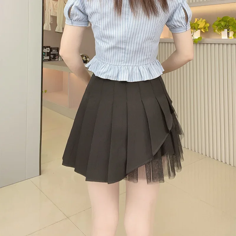 Chic Summer Pleated Skirts Women Party All-match Schoolgirls Clothing Vintage Slim Simple Pure Faldas Ulzzang Y2k Mesh Design