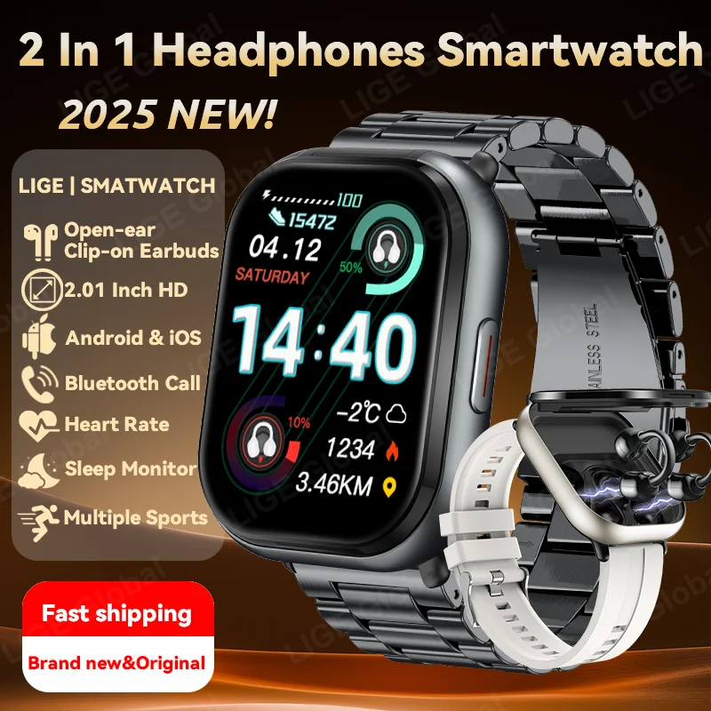 LIGE TWS 2-In-1 Clip-on Earbuds Smart Watch 2.01